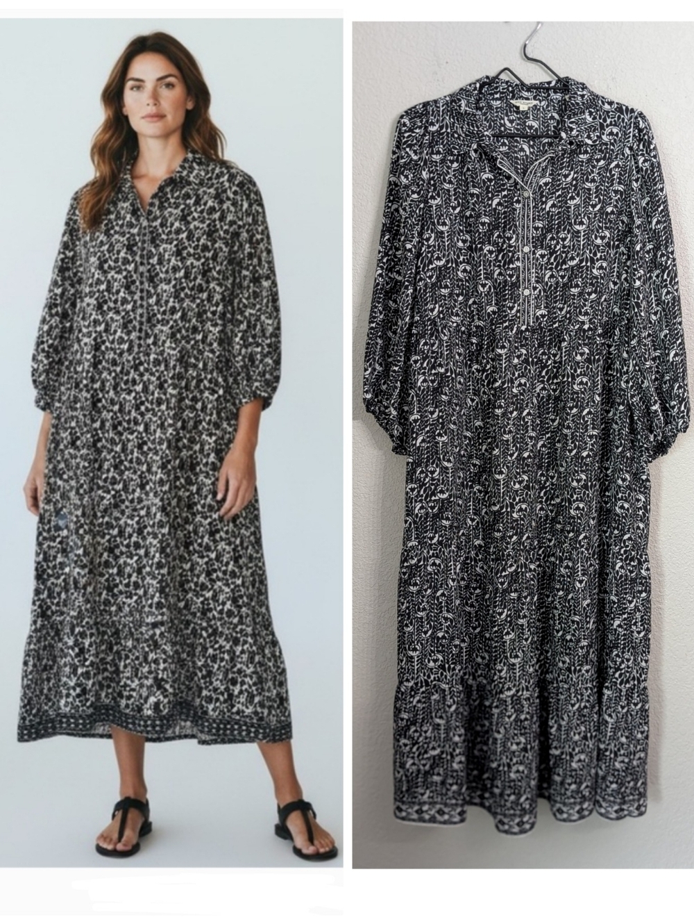Max Studio Black White Tiered Midi Maxi Dress Sz L 3/4 Sleeve Flowy Relaxed Fit
